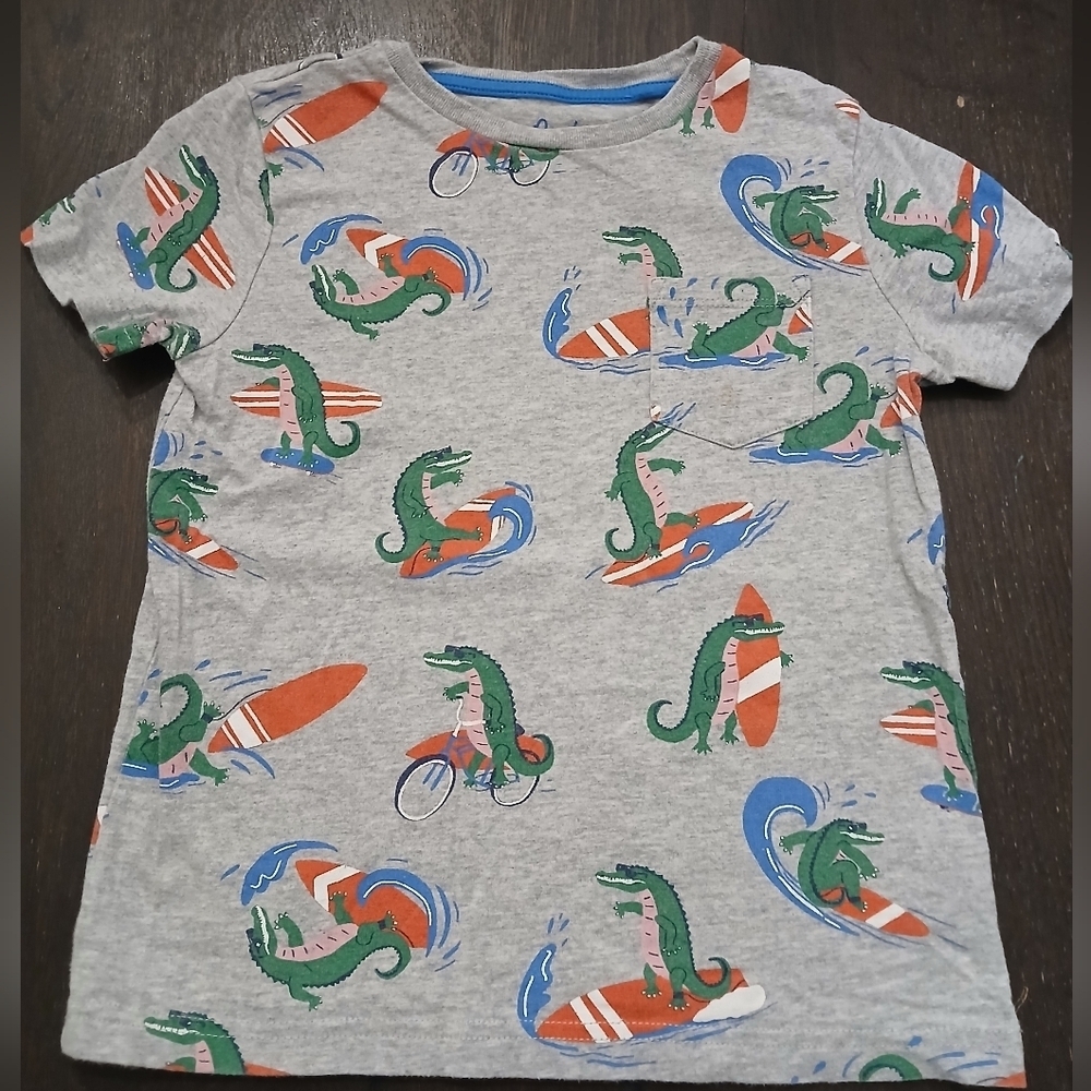 Mini Boden Kids Grey Crocodile Graphic Cotton Shirt Size:5-6